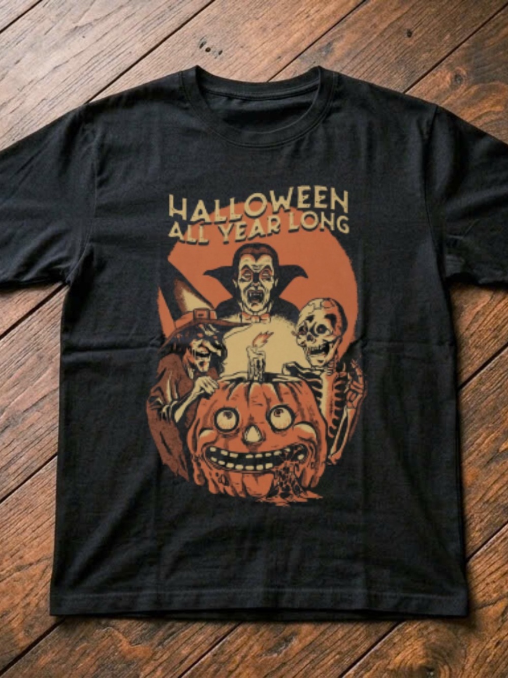 Gildan Black Tee with Orange & Cream Halloween Graphic